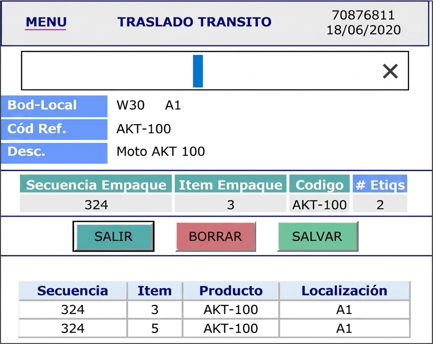 Pantalla Traslado Tránsito del WMS