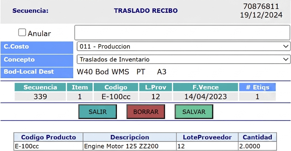 Pantalla Traslado Recibo del WMS