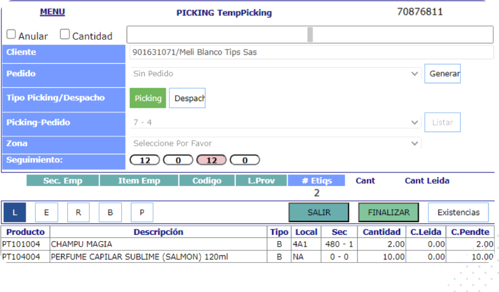 Pantalla Picking TempPicking del WMS