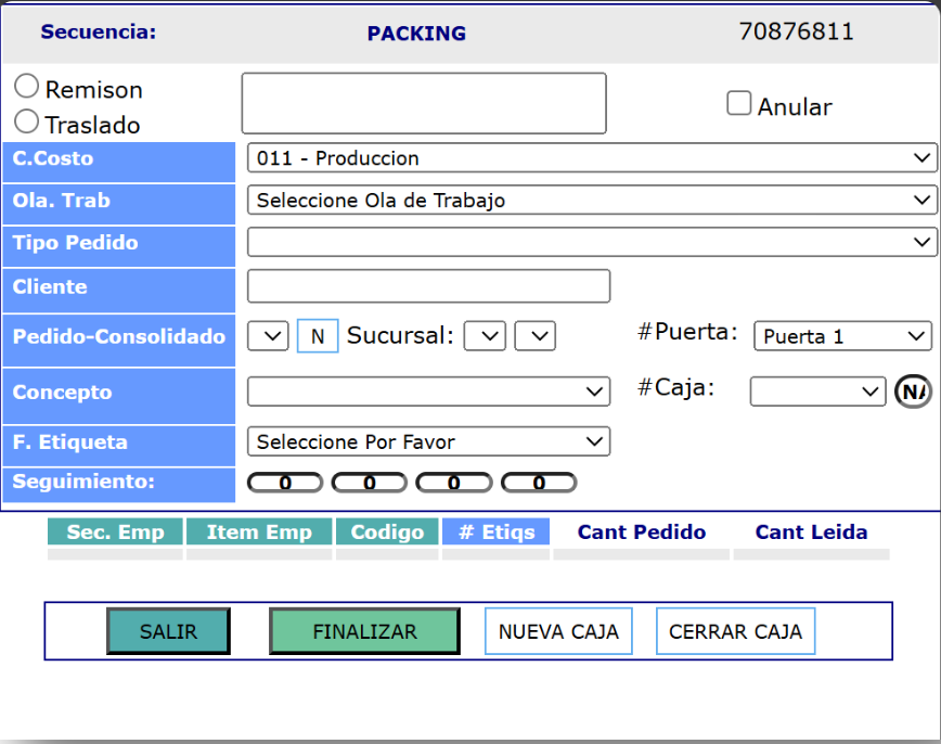 Pantalla Packing del WMS