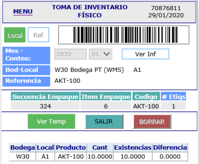 Pantalla Toma de Inventario Físico del WMS