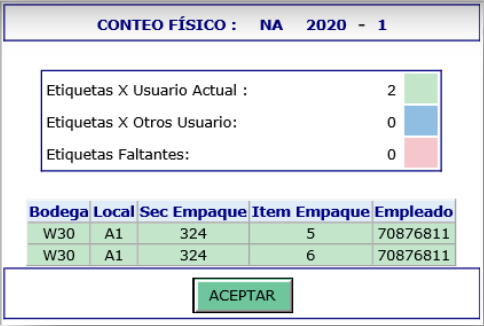 Pantalla Conteo Físico resumen del WMS