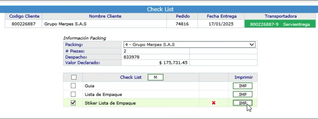 Pantalla Check List Lista de Empaque del WMS