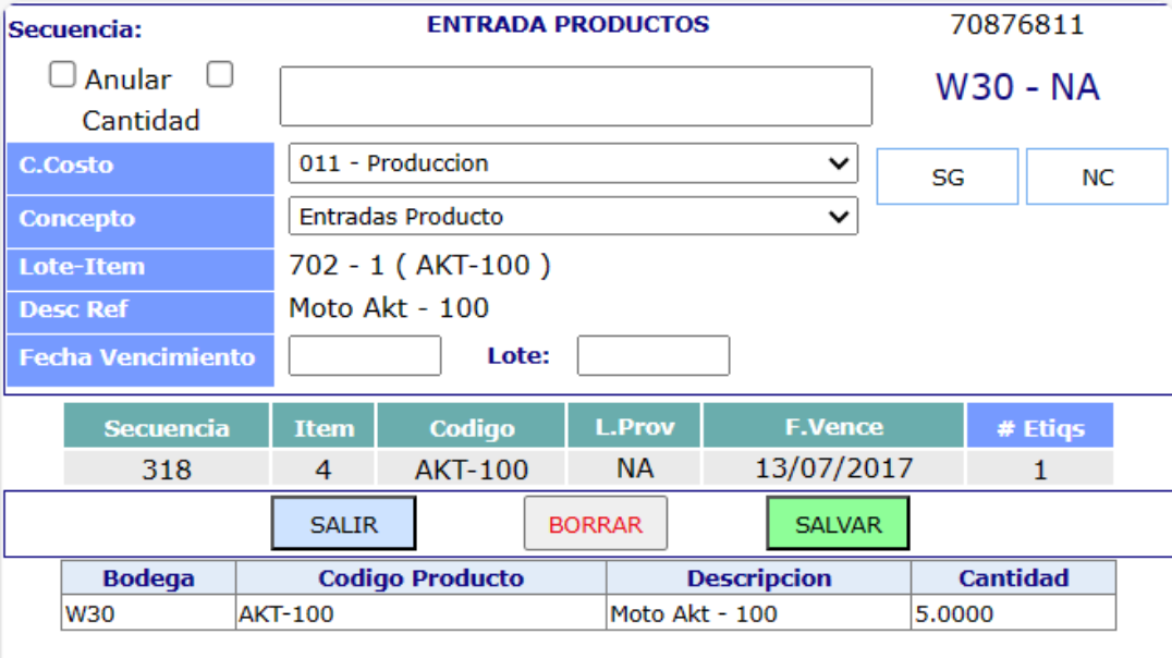 Pantalla Entrada Productos del WMS
