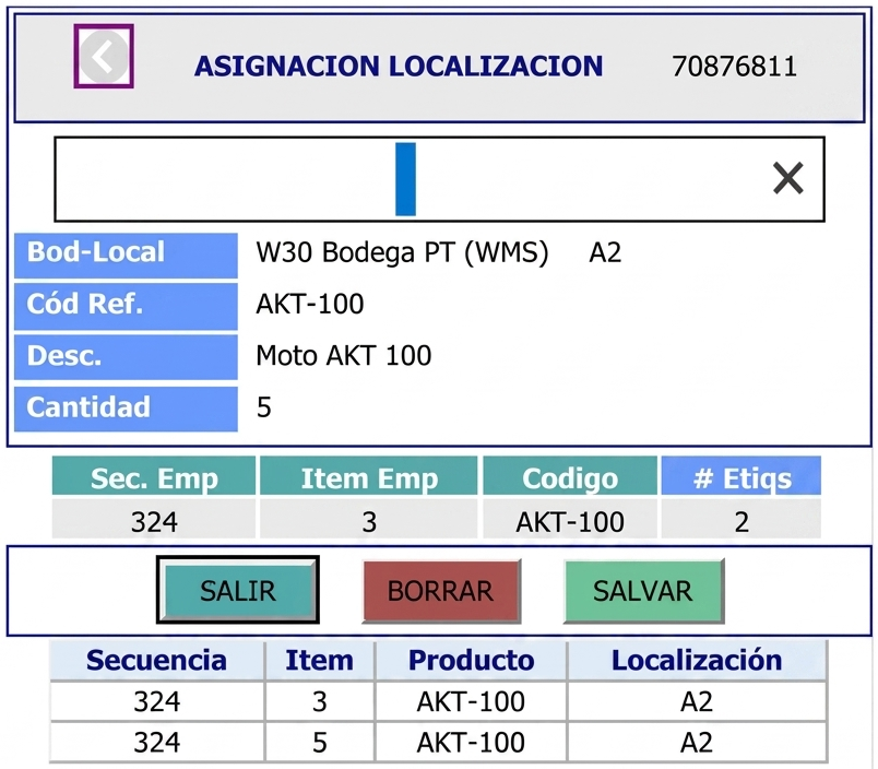 Pantalla Asignación Localización del WMS