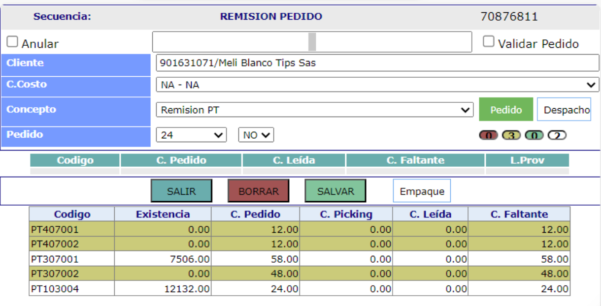 Pantalla Remisión Pedido del WMS