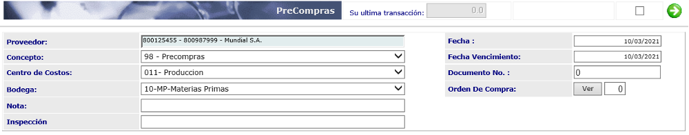 Pantalla PreCompras del módulo Recepción