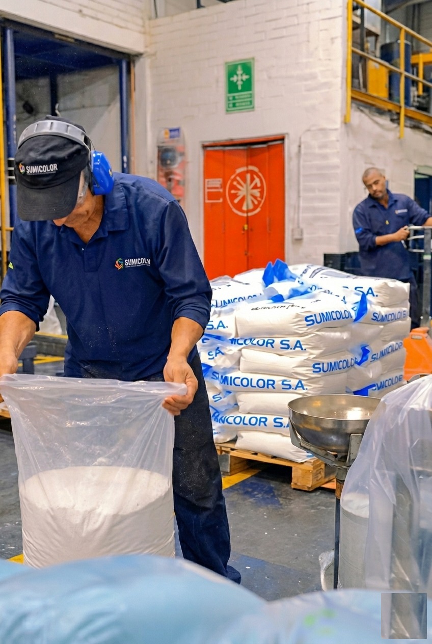 Operario de Sumicolor manipulando sacos de materia prima en bodega